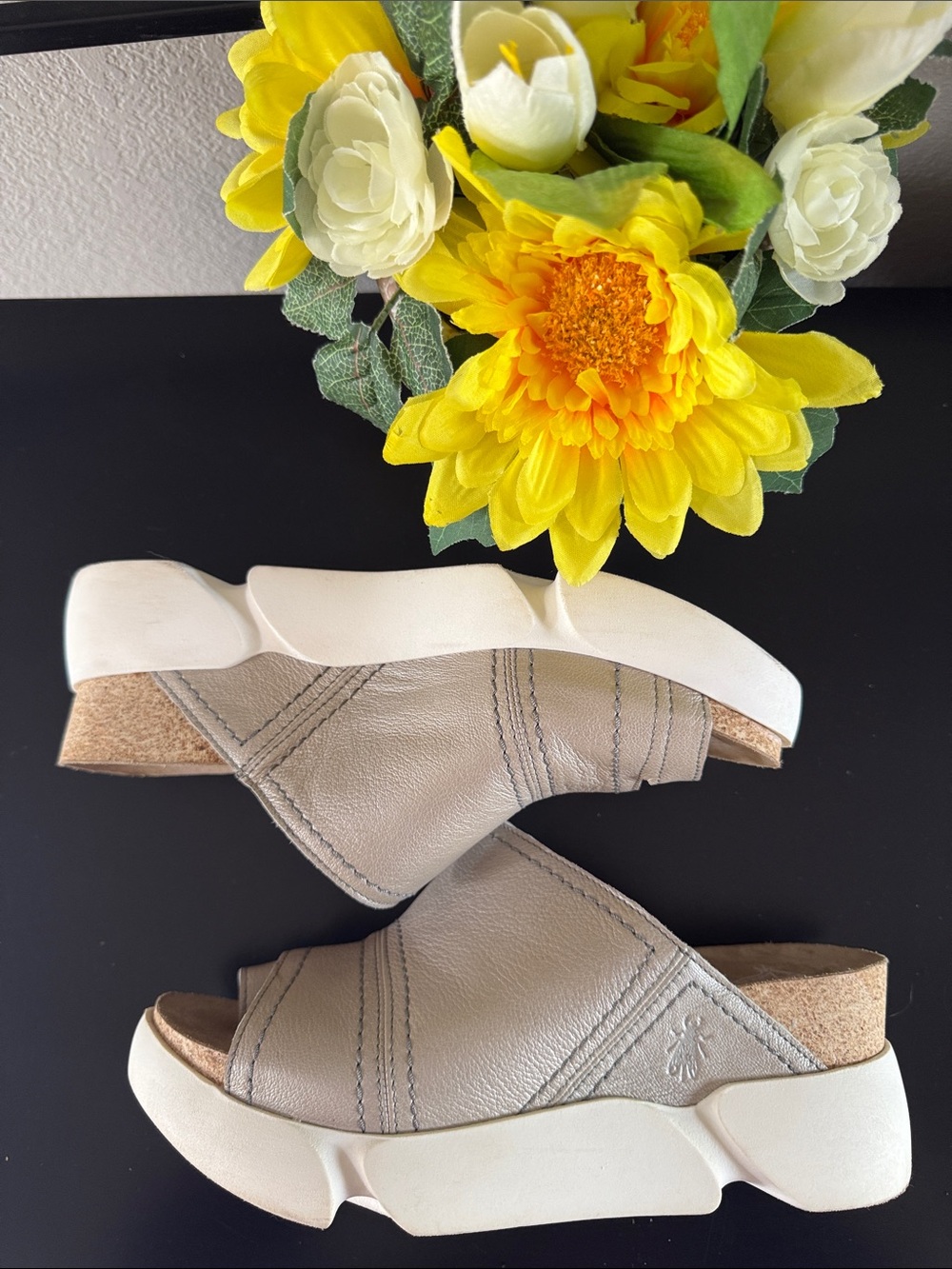 Fly London Metallic Taupe Slide Mules with White Sole - Picture 5 of 14